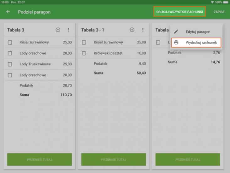 opcja 'Podziel paragon'