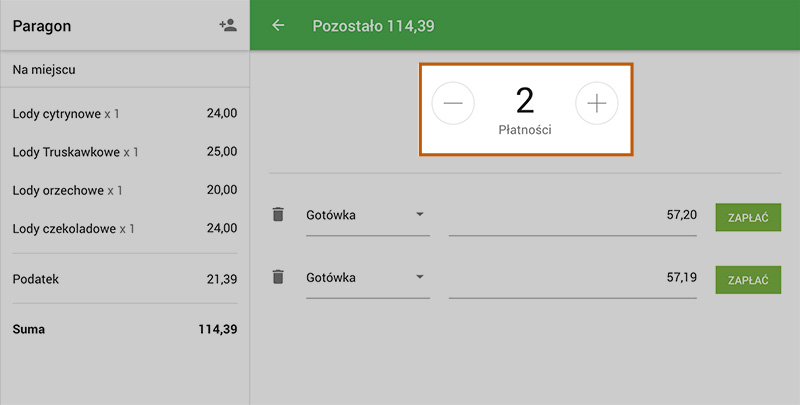 Użyj przycisków „+” lub „-”, aby ustawić liczbę płatności częściowych.