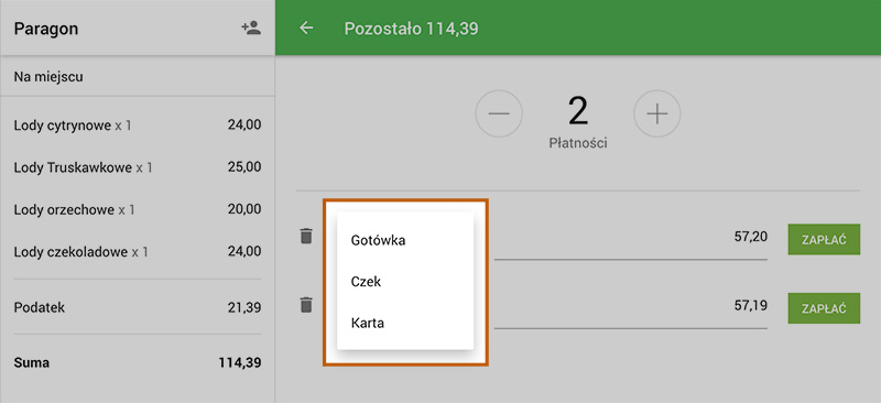 Wybierz typ płatności dla każdej płatności.