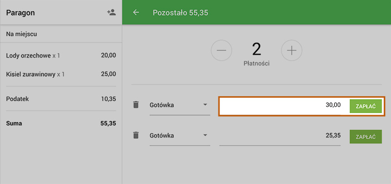 Jeśli potrzebujesz, wprowadź spersonalizowaną kwotę dla każdej płatności częściowej i zaakceptuj płatności, naciskając przycisk „Zapłać”.
