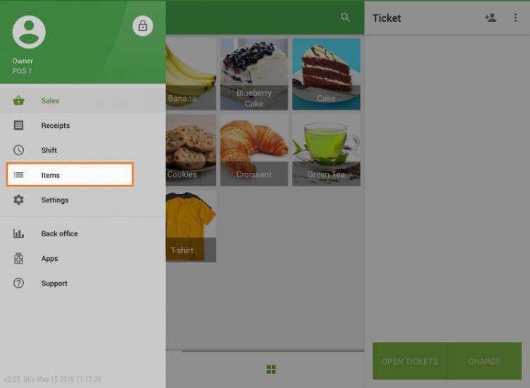 ‘Items’ section of the menu