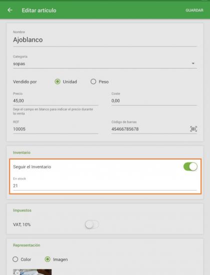 la sección Inventario