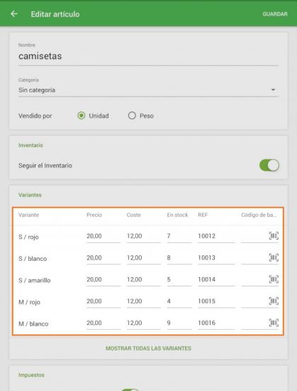 los artículos con variantes