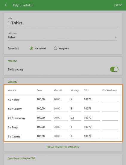 artykuł z wariantami