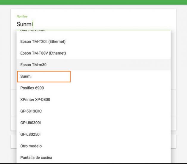 seleccione Sunmi de entre el listado de modelos de impresora en el menú desplegable