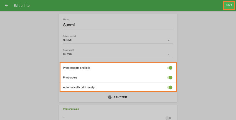 settings for SUNMI printer
