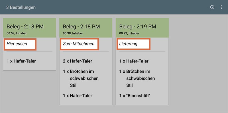 Außerdem werden Informationen über die Speise-Optionen auf den Quittungsinformationen über Kundenanzeige und auf dem Beleg angezeigt, wenn Sie Küchendrucker und Küchenmonitor verwenden.