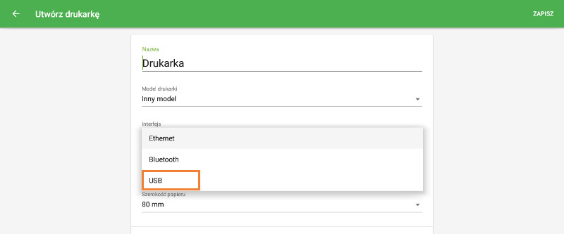 wybierz USB w polu "Interfejs"