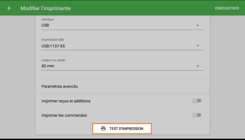 «Imprimer» bouton pour tester la connexion de votre imprimante grâce à l’application de la Loyverse POS.