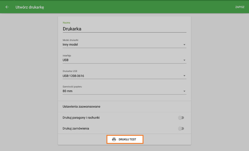 przycisk "Drukuj test"