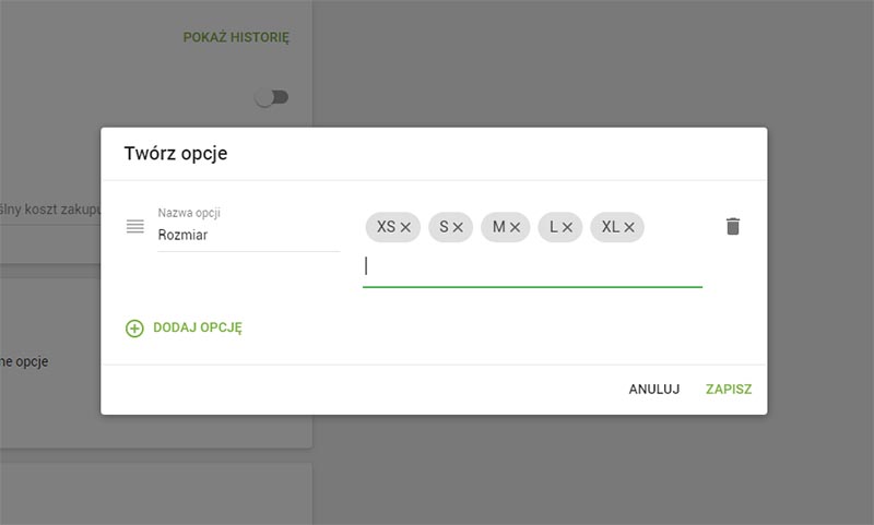 Wpisz nazwę opcji w lewym polu i warianty tej opcji w prawym polu. 