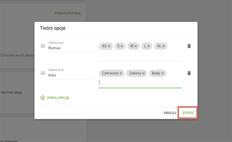 utwórzenie inną opcję