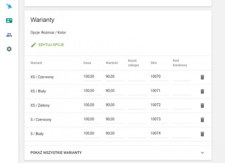 Dla każdego wariantu można ręcznie poprawić pola: Cena, Koszt, SKU i dodać Kod kreskowy.