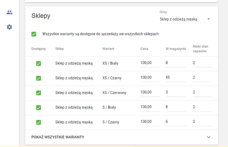 Jeżeli masz kilka sklepów, możesz ustawić Cenę, W magazynie i Niski stan zapasów każdego wariantu dla każdego sklepu.