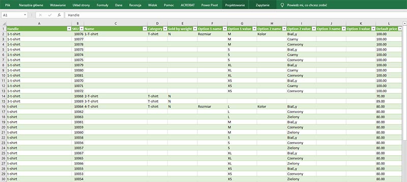 artykuły z wariantami eksportowanie plik CSV