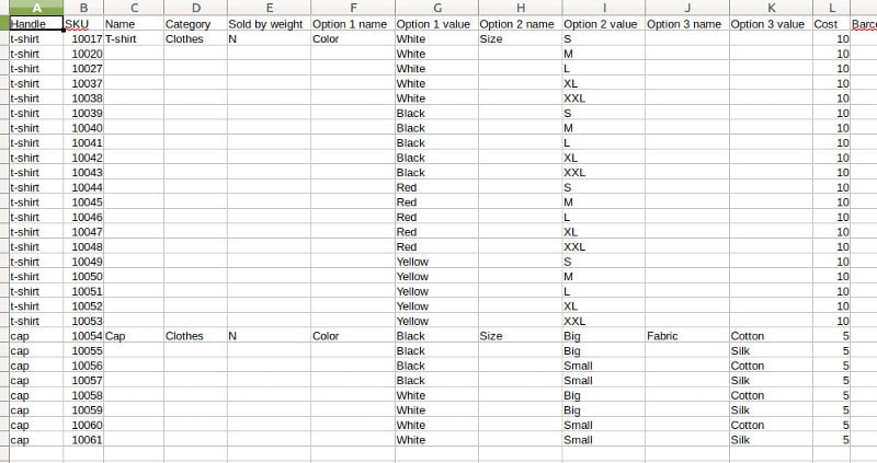 Items with variants export file
