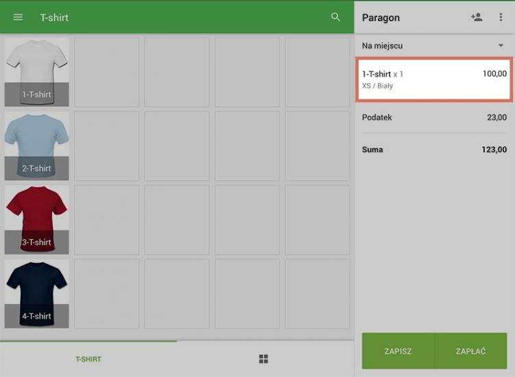 Artykuł z wybranym wariantem na paragonie