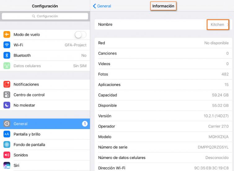 el nombre del dispositivo en un iPad,Kds