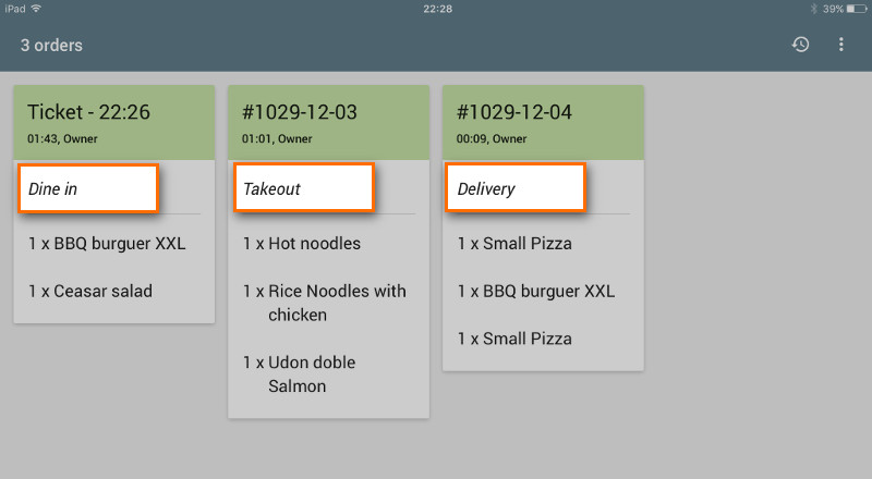 Dining option on the KDS ticket