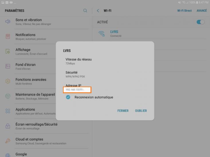 Sur les appareils mobiles Android, allez aux réglages et dans le menu « à propos de dispositif », appuyez sur statut et vérifier la ligne d’adresse IP.