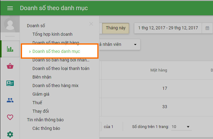 Chọn báo cáo của bạn ở 'Quản trị', trong phần 'Báo cáo'. Ví dụ, xem 'Bán hàng theo thể loại'.