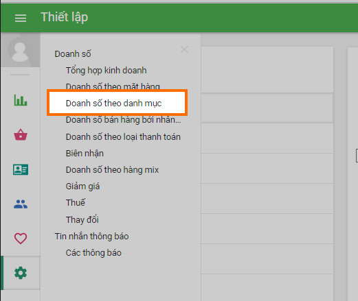 Chọn báo cáo của bạn ở lại 'Quản trị', trong phần "Báo cáo". Ví dụ, xem 'Bán hàng theo thể loại'.