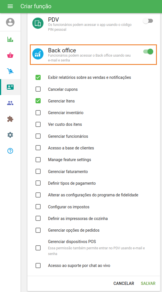 Direitos de acesso do Back Office