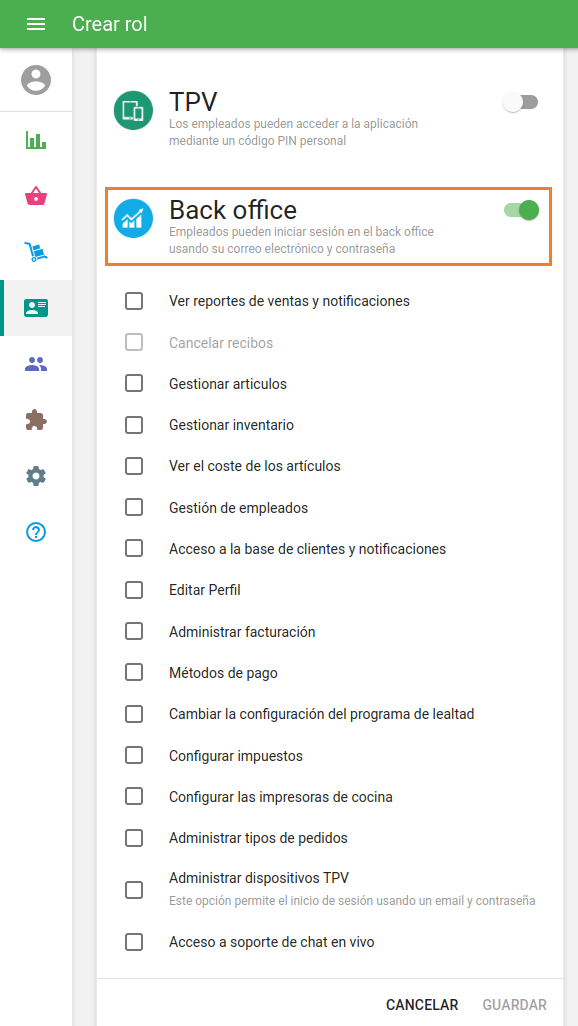 Derechos de acceso al Back Office