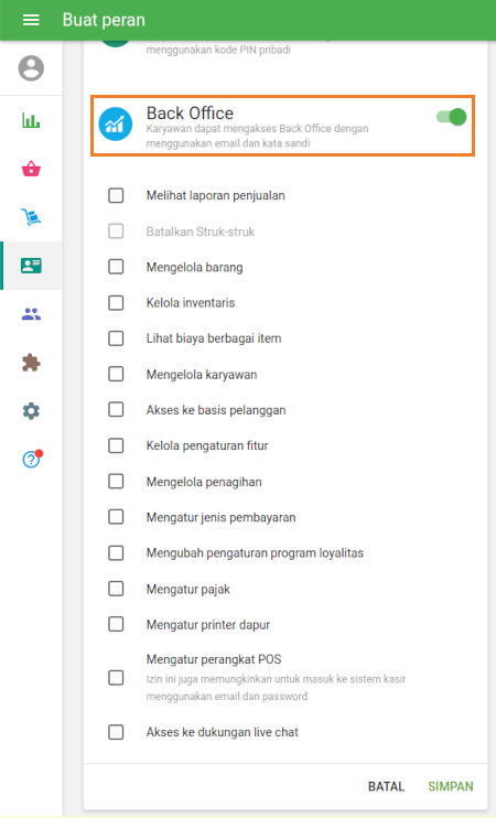 Hak untuk mengakses Back Office