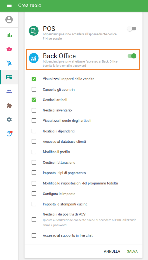 Diritti di accesso al back office
