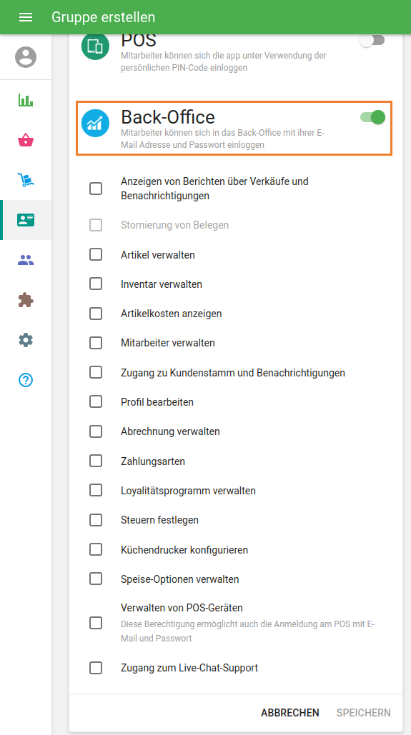 Back Office-Zugriffsrechte