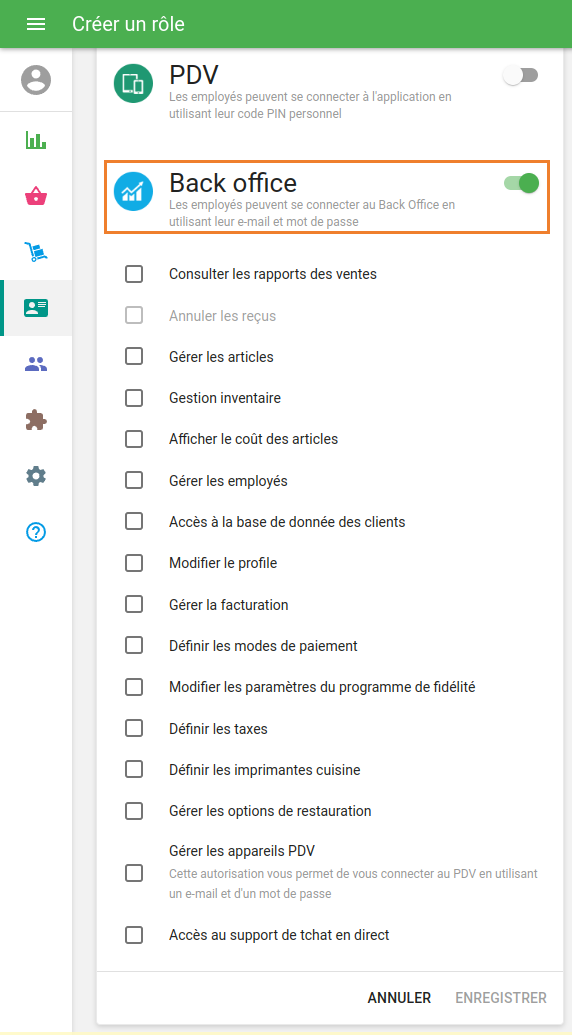 Droits d'accès au Back Office