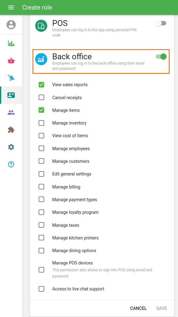 Back Office access rights