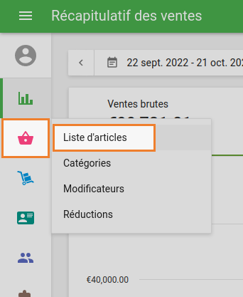 le menu ‘Liste d'article’