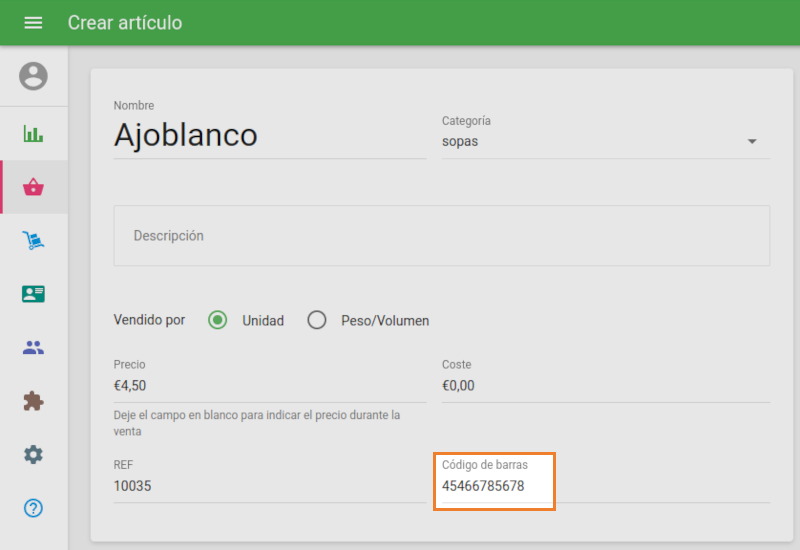 el campo Código de barras