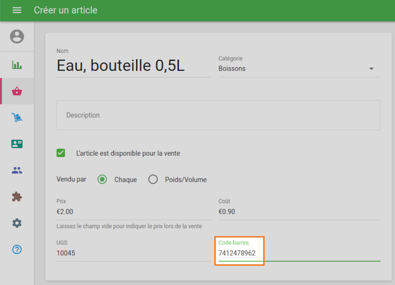 le champ Code-barres