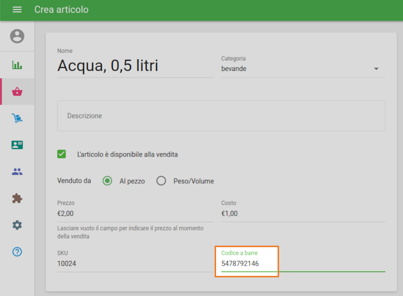 inserisci il codice a barre nel campo Codice a barre