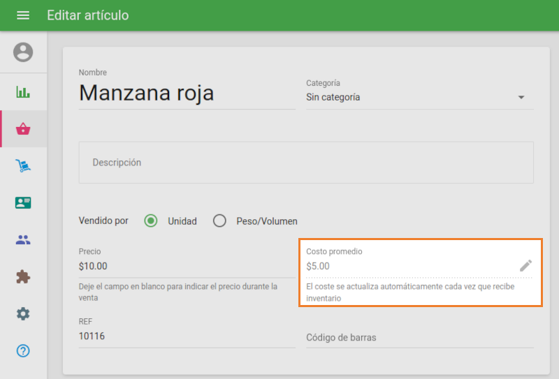 el campo 'Costo promedio'