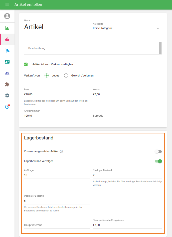 Formular 'Artikel erstellen'