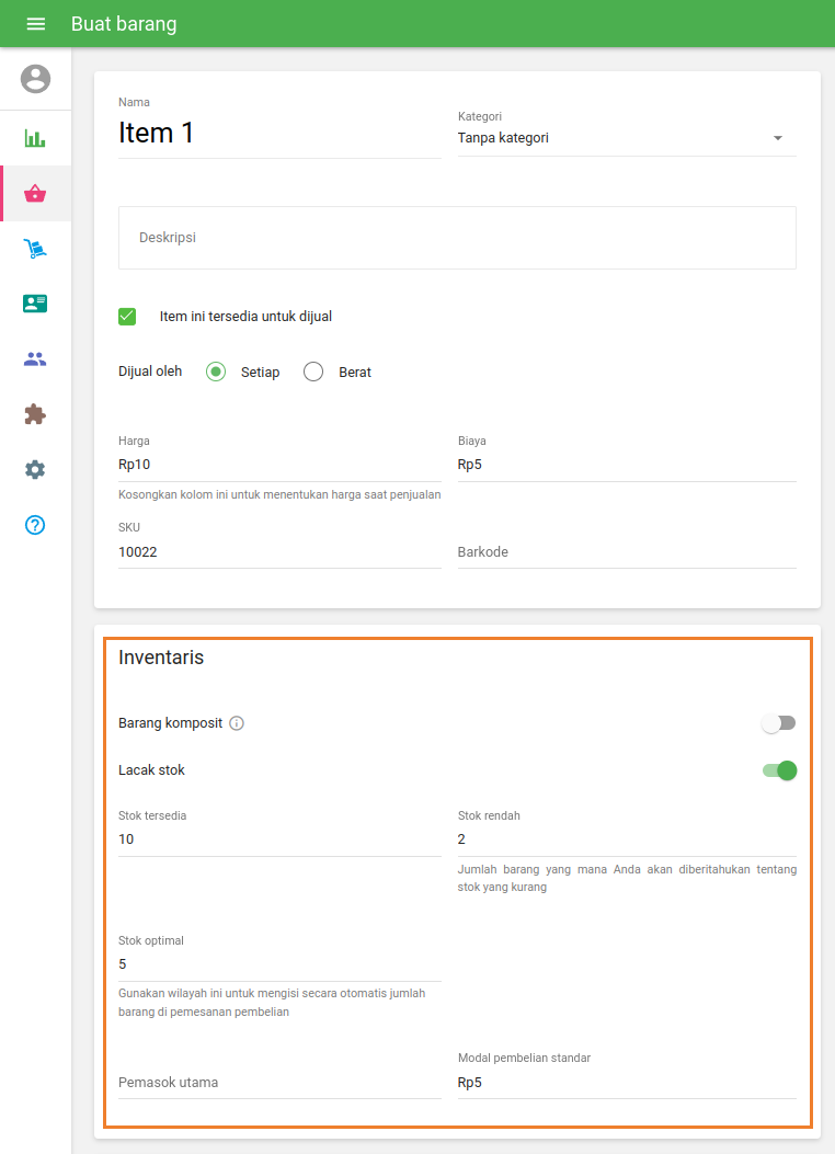 formulir 'buat item'