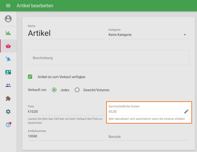 Feld 'Durchschnittskosten'