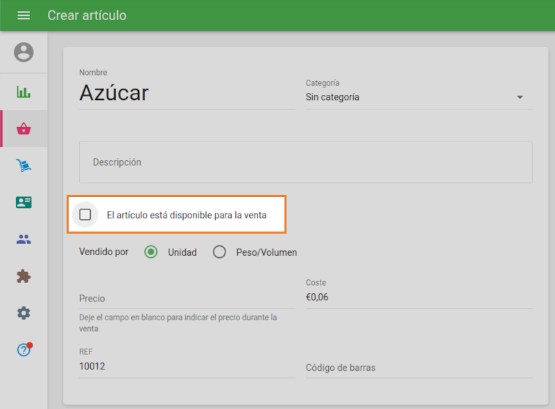 El artículo está disponible para venta