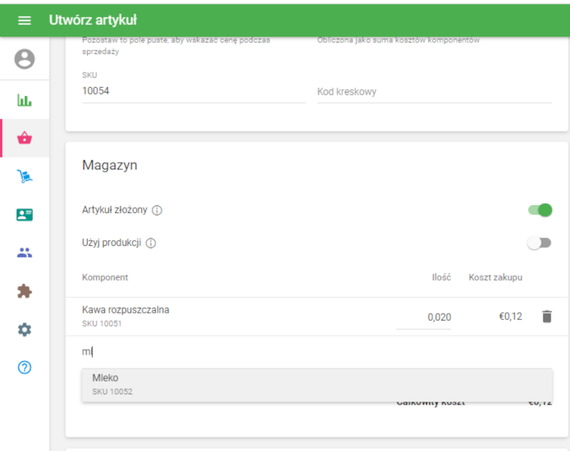 Dodawaj komponenty pojedynczo, wyszukując je na liście artykułów