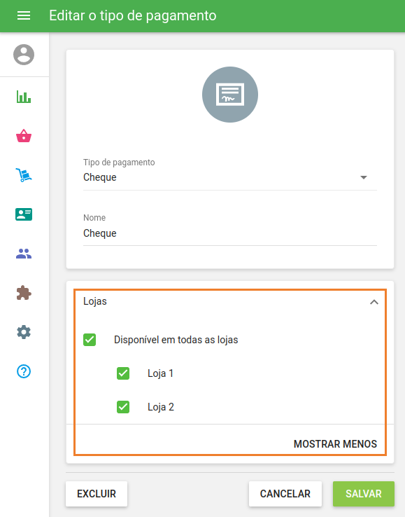 disponibilidade de cada tipo de pagamento para cada loja