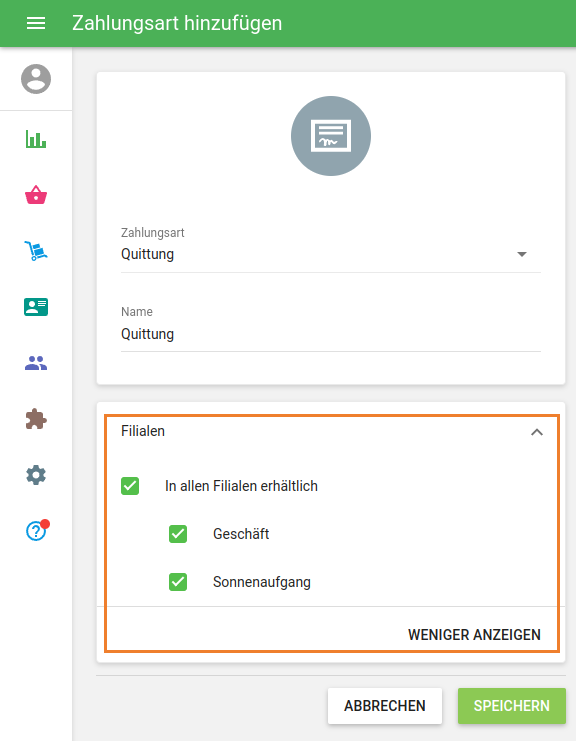 können Sie die Zahlungsmethoden für jede Filiale verwalten