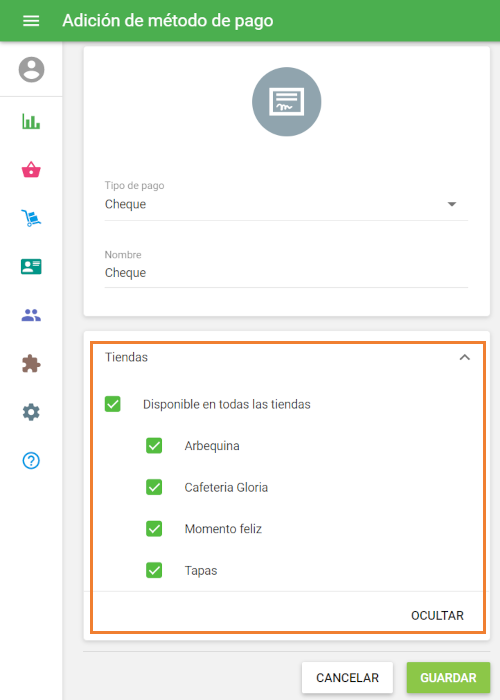 disponibilidad de cada tipo de pago para cada tienda