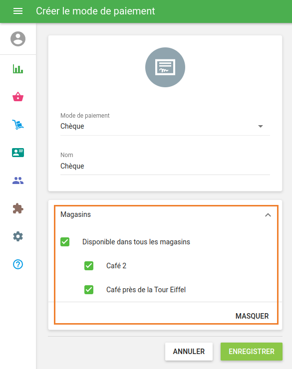 Si vous avez plusieurs magasins, vous pouvez gérer la disponibilité de chaque moyen de paiement pour chaque magasin