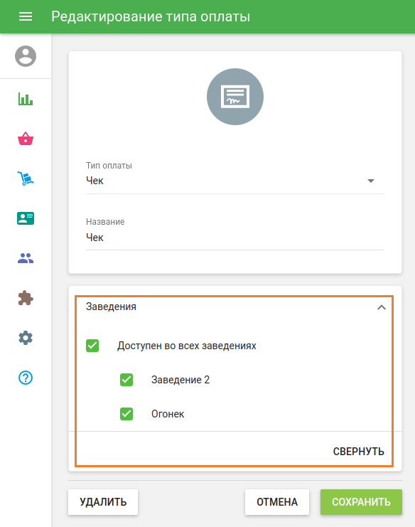 наличие каждого типа оплаты для каждого заведения