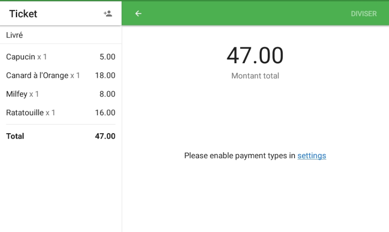 un message avec une proposition d'activer le type de paiement dans les paramètres du back-office