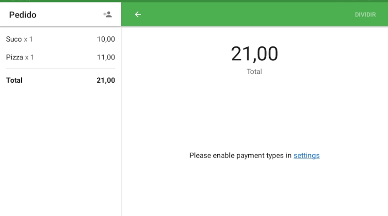Se não houver tipos de pagamento disponíveis para uma determinada loja no PDV, você verá uma mensagem com uma opção para habilitar o tipo de pagamento nas configurações de Back office